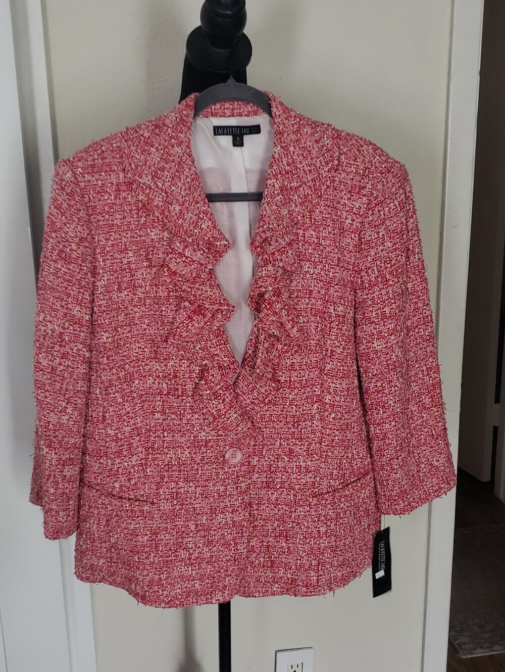 Lafayette 148 New York Pink Tweed Ruffle-Front Blazer